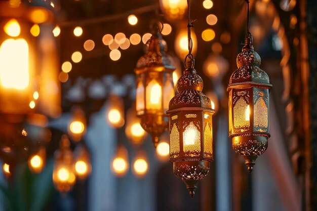 Eid mubarak realista con velas colgantes