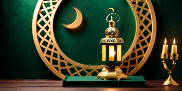 Eid Mubarak saludo islámico fondo con linterna en el podio luna media y mezquita verde oscuro