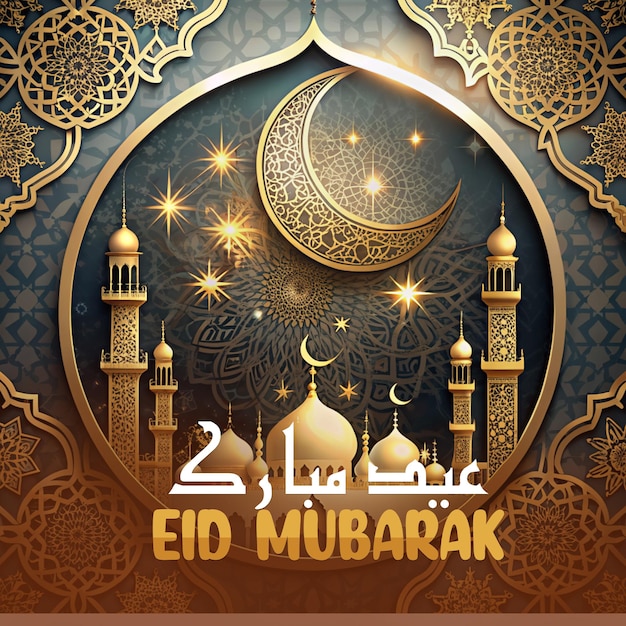 Eid Mubarak saudações islâmicas fundo modelo de cartaz Eid al fitr com lanterna e mesquita