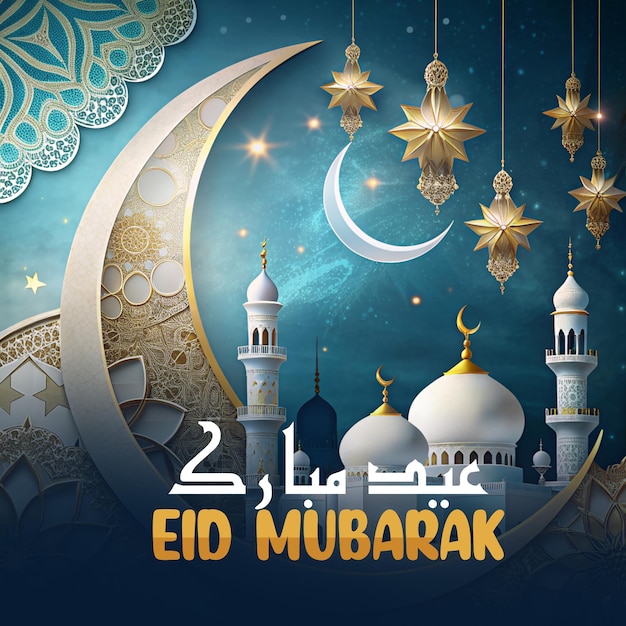 Eid Mubarak saudações islâmicas fundo modelo de cartaz Eid al fitr com lanterna e mesquita