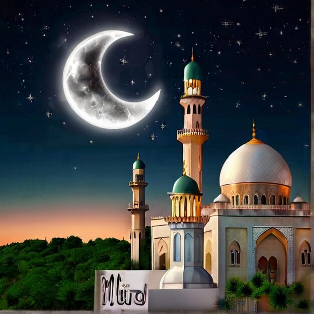 Eid Mubarak Schöne natürliche Mond- und Moschee-Kombination schöner Hintergrund