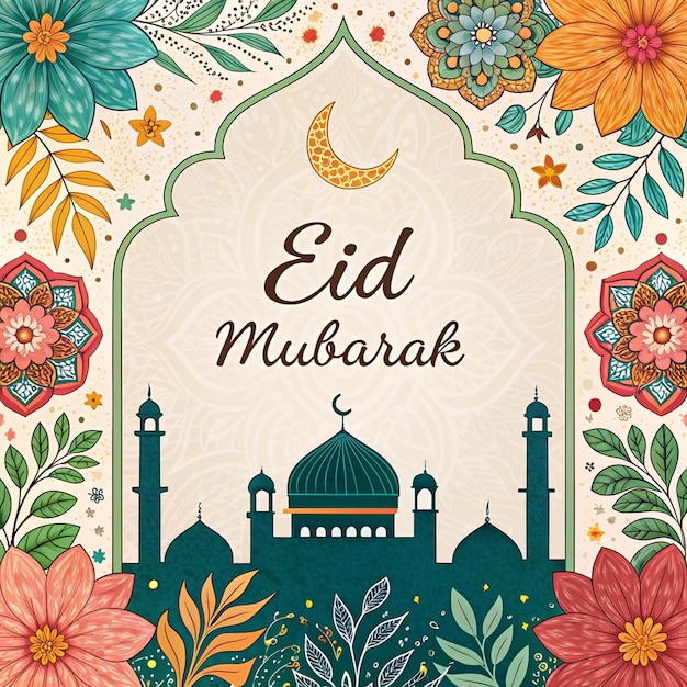 Eid Mubarak Una tarjeta de felicitación islámica festiva con la luna de la mezquita y decoraciones florales