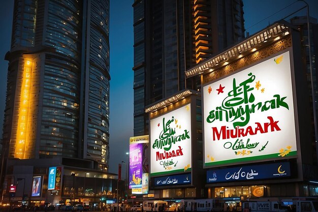 Eid Mubarak-Text auf der Plakatwand der Städte in Saudi-Arabien