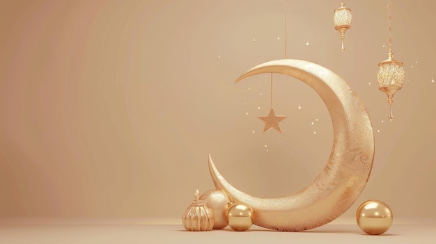 Eid Mubarak-Text auf dunkelbeigem Hintergrund mit arabischem Mond