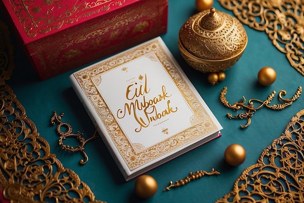 Eid Mubarak-Text neben den Eid-Geschenkkisten