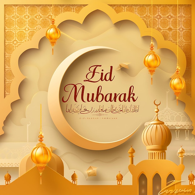 Eid Mubarak Texto Festival Islâmico Cartão de saudação Eid post fundo com decoração de mesquita