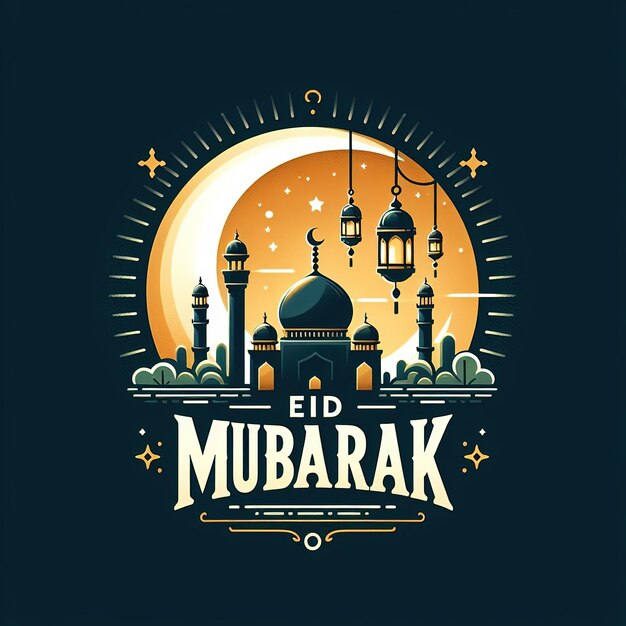 Foto eid mubarak tipografia com mesquita lua e lanternas penduradas ilustração islâmica fundo