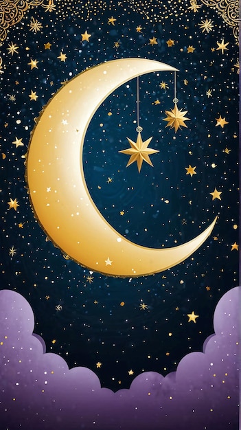 Eid Mubarak um crescente com estrelas e nuvens no céu noturno