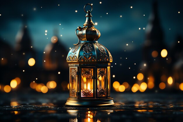 Eid Mubarak und Ramadan Kareem Grüße mit islamischer Laterne und Moschee Eid al Fitr Hintergrund