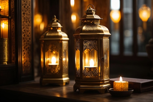 Eid Mubarak und Ramadan Kareem Grüße mit islamischer Laterne und Moschee Eid al fitr Hintergrund