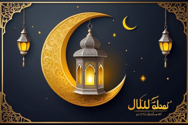 Foto eid mubarak con una vieja linterna árabe una luna amarilla en un vector de tema árabe