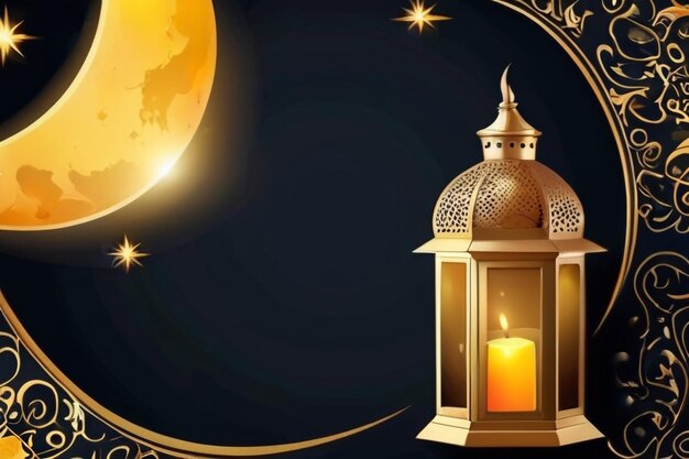 Foto eid mubarak con una vieja linterna árabe una luna amarilla en un vector de tema árabe