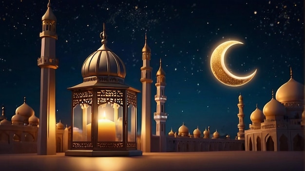 Eid Mubarak von Eid al fitr 3D-Lampe und Moschee mit 3D-Mond mit schöner Nacht Hintergrund