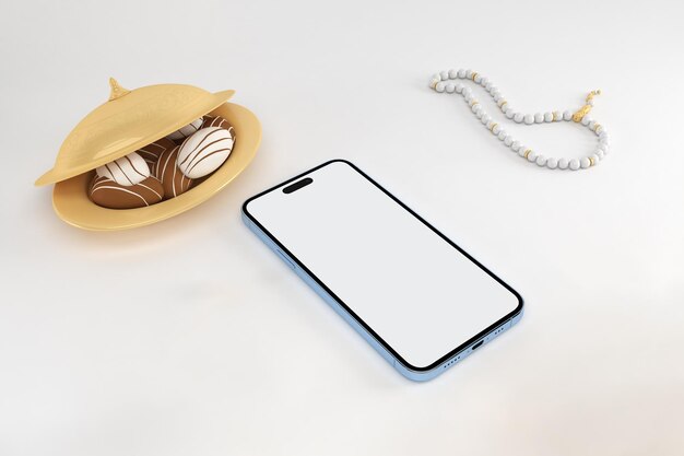 Eid Phone 14 Pro con lado de perspectiva de rosario en fondo blanco
