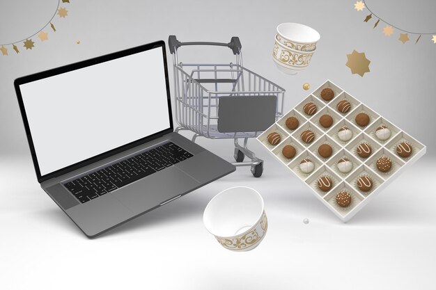 Eid Shopping Trolley y Laptop flotando en fondo blanco