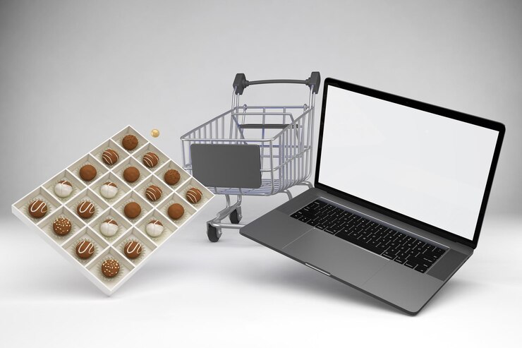 Foto eid shopping trolley y laptop lado derecho en fondo blanco