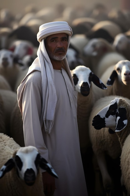 Eid ul Adha Mubarak Mann steht vor einer Schafherde