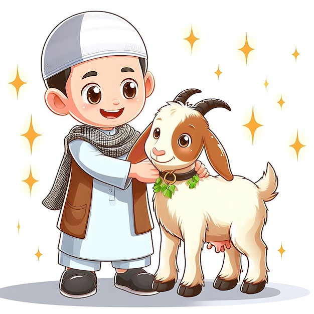 Eid ul adha Vektor-Illustration ein Junge mit einer Ziege, die geopfert werden soll