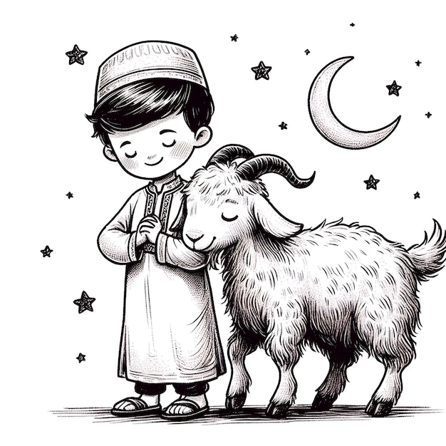 Eid ul adha Vektor-Illustration ein Junge mit einer Ziege, die geopfert werden soll