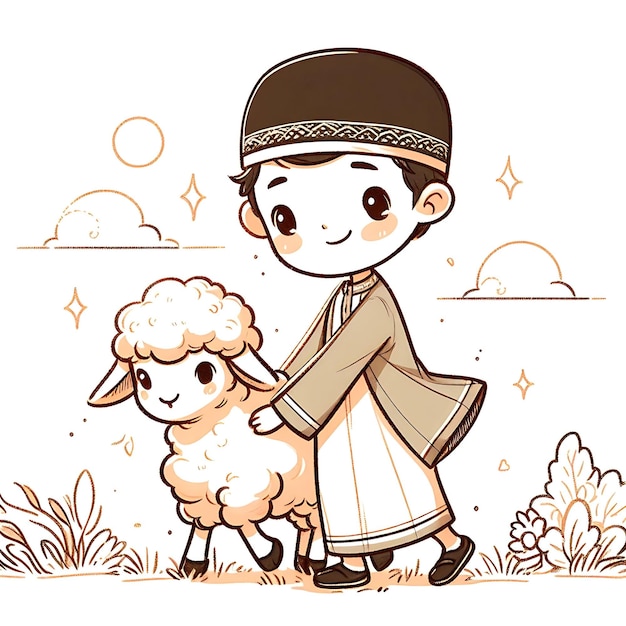 Eid ul adha Vektor-Illustration ein Junge mit einer Ziege, die geopfert werden soll