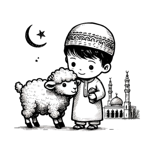 Eid ul adha Vektor-Illustration ein Junge mit einer Ziege, die geopfert werden soll