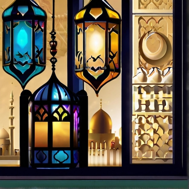 Foto eid ul fitr lanterna 3d e janela da mesquita cartões de saudação islâmicos eid mubarak fundo