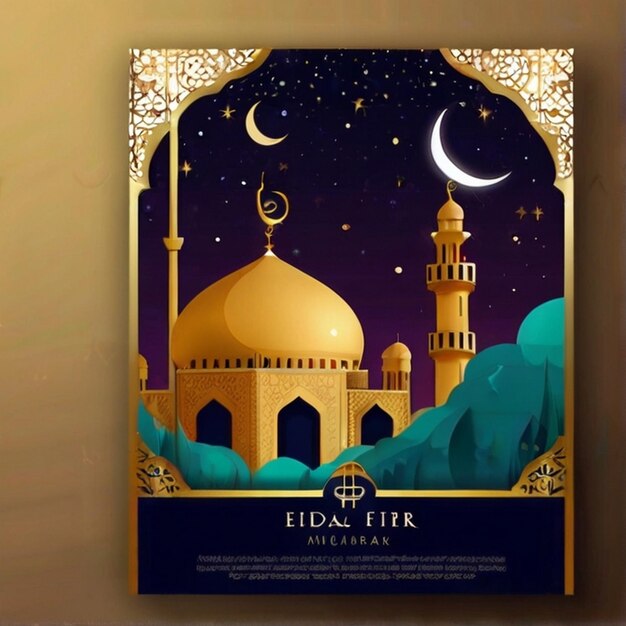 Eid ul fitr linterna 3D y ventana de la mezquita tarjetas de felicitación islámicas Eid Mubarak Fondo