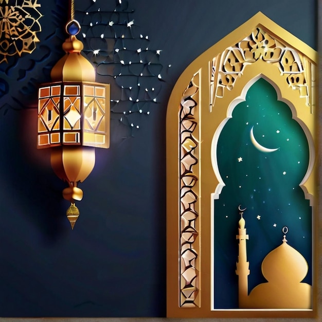 Eid ul fitr linterna 3D y ventana de la mezquita tarjetas de felicitación islámicas Eid Mubarak Fondo