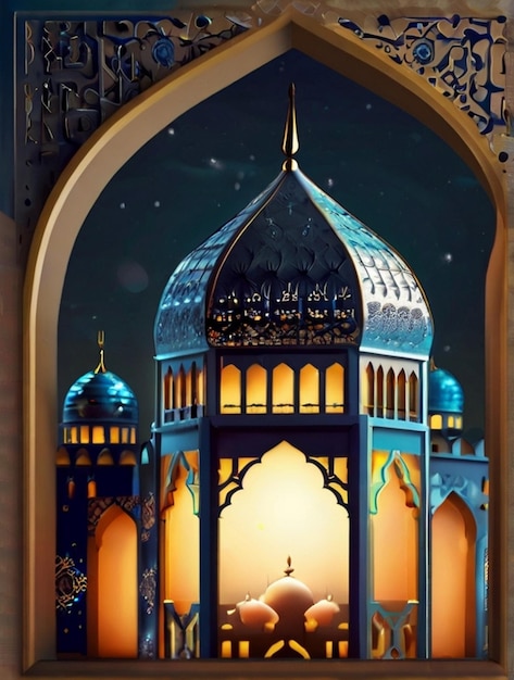 Eid ul fitr linterna 3D y ventana de la mezquita tarjetas de felicitación islámicas Eid Mubarak Fondo