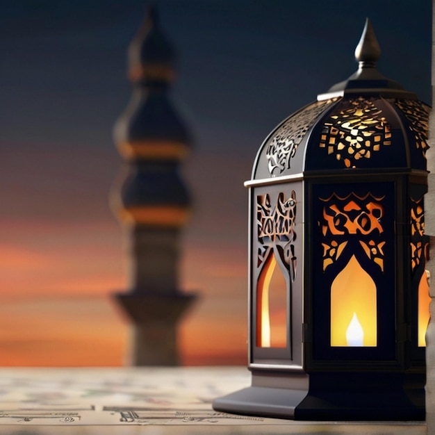Eid ul fitr linterna 3D y ventana de la mezquita tarjetas de felicitación islámicas Eid Mubarak Fondo