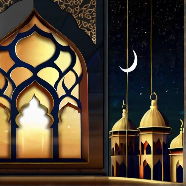 Eid ul fitr linterna 3D y ventana de la mezquita tarjetas de felicitación islámicas Eid Mubarak Fondo