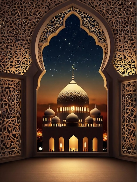 Eid ul fitr linterna 3D y ventana de la mezquita tarjetas de felicitación islámicas Eid Mubarak Fondo