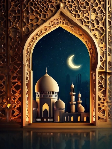 Eid ul fitr linterna 3D y ventana de la mezquita tarjetas de felicitación islámicas Eid Mubarak Fondo