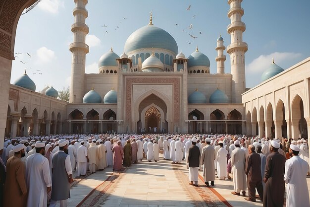 Eid ul Fitr oder Eid UL Adha Freudige Menschen tauschen Grüße aus und genießen festliche Moschee-Dekorationen