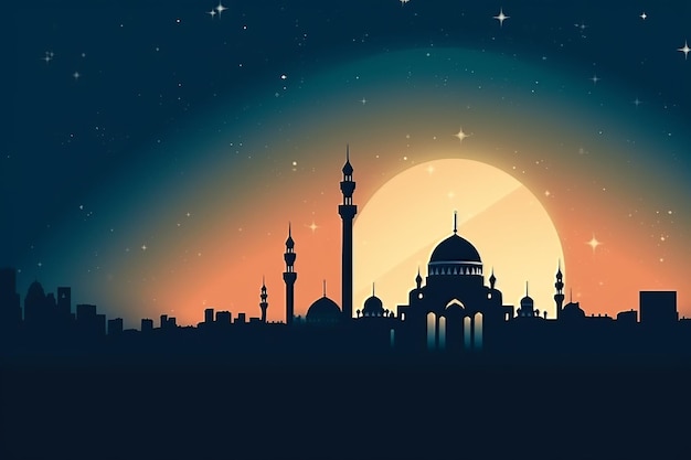 Eid- und Ramadan-Nachtszene mit einer Moschee und einem Mond im Hintergrund. Generative KI