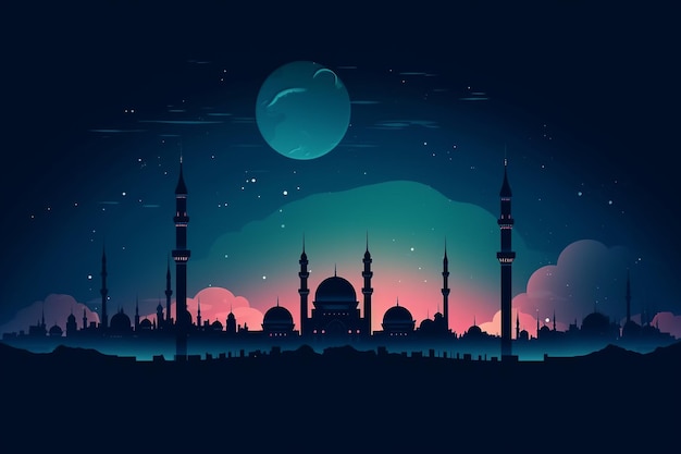 Eid- und Ramadan-Nachtszene mit einer Moschee und einem Mond im Hintergrund. Generative KI