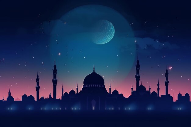 Eid- und Ramadan-Nachtszene mit einer Moschee und einem Mond im Hintergrund. Generative KI