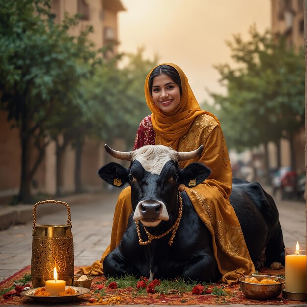 Foto eidal adha eid mubarak tema con una vaca