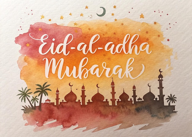 EidalAdha Mubarak Tipografía con silueta de mezquita y diseño de fondo de acuarela