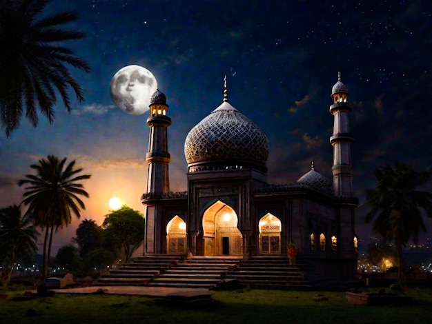 EidalFitr lua no céu e lindamente iluminado túmulo de Masjid na cidade têxtil de Malegaon Maharashtra