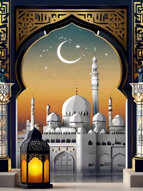 Eidalfitr Postertemplate mit Laternenmoschee Fenster Hintergrund