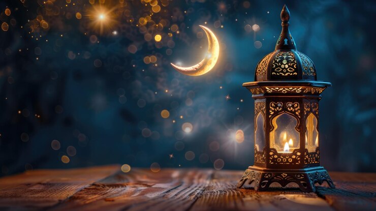 Foto eiduladha-festival feier arabischer ramadan laterne auf einem holztisch dekorationsanzeige halbmond und die sterne