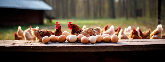 Eier auf dem Tisch vor einem Hühnerfeld Generative KI