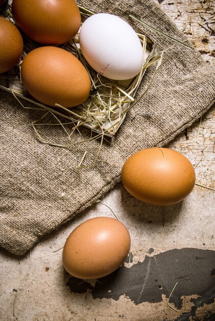 Eier auf der alten Tasche und auf dem Heu