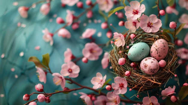 Eier auf rosa Blüten