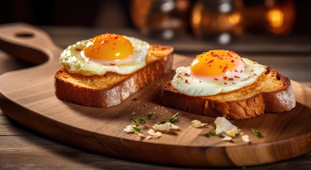 Eier auf Toast auf einem Holzbrett