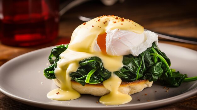 Foto eier benedict toasted muffin mit verwelktem spinat-schinken poached ei generative ki