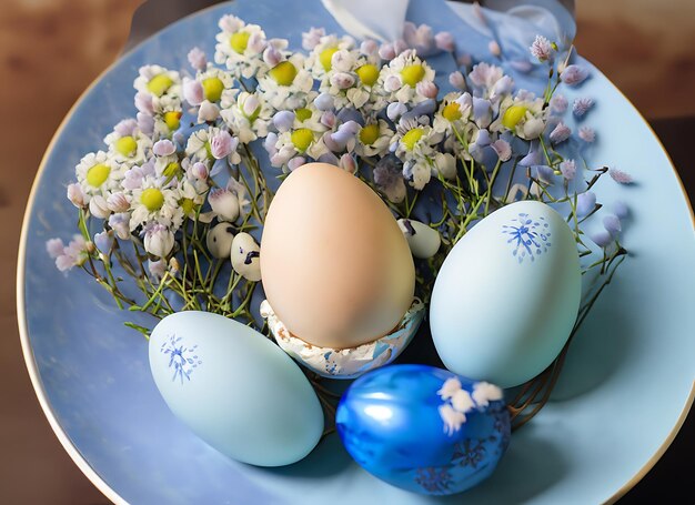 Eier, Blumenstrauß, blauer Teller, Urlaubstradition, Frühling