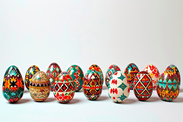 Eier, die mit Farben in Grautönen, Rot, Weiß und Blau bemalt sind