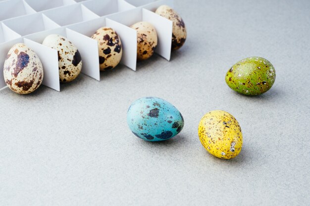 Eier färben für Ostern. Farben, Pinsel, Wachteleier auf grauem Hintergrund. Vorbereitung für die Feier von Ostern, traditionelle Dekorationen, Hintergrund. Kreatives Konzept.
